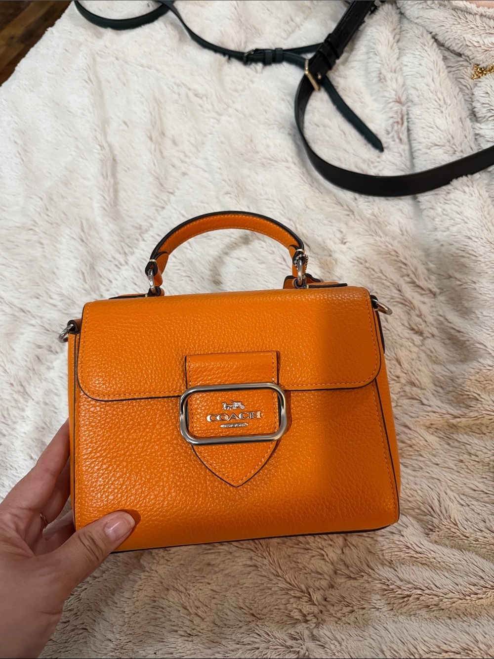 Coach Orange Pebbled Leather Top-Handle Satchel with Buckle